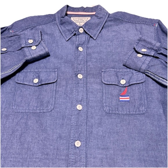 Nautica Linen Blend Chambray L/S Shirt L Blue Patriotic 90's - Picture 4 of 12